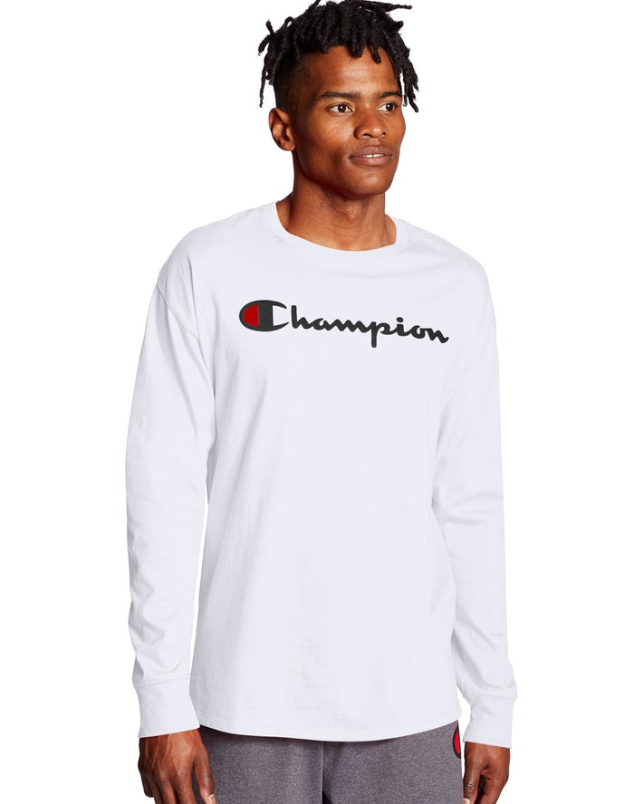 Champion Classic Long-Sleeve Script Logo Erkek Tişört Beyaz ( HIEWDJ901 )